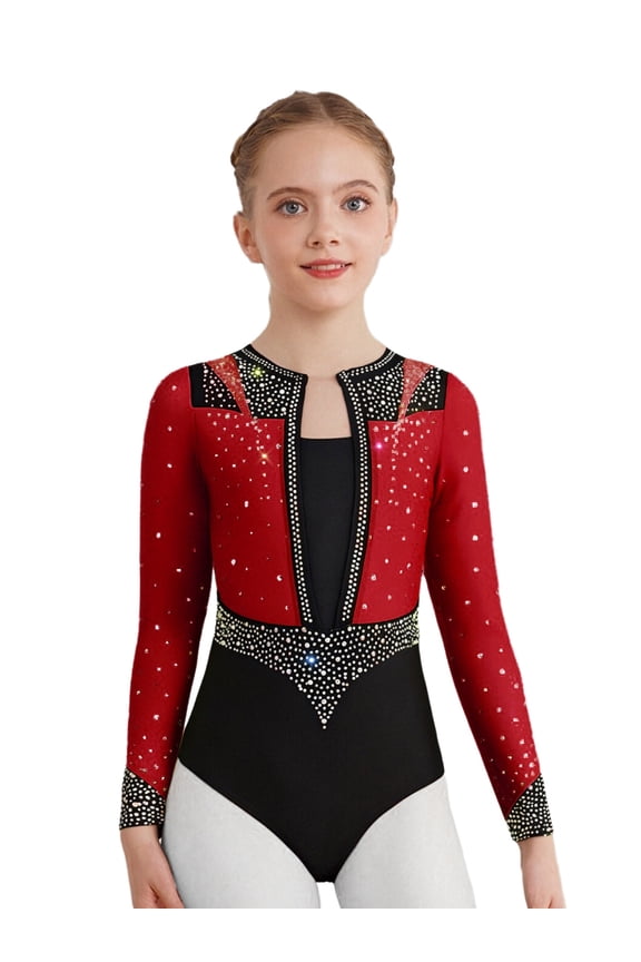 Kids Girls Figure Ice Skating Jumpsuit Dance Gymnastics Leotard Performance Dancewear Activewear Burgundy 6