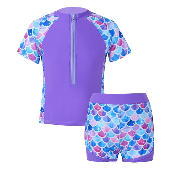 Doomiva Kids Girls Floral 2 Pieces Athletic Tankini Sets Short Sleeve Swim Tank Top with Boyshorts Rashguard Swimsuit Purple Fish Scales 14