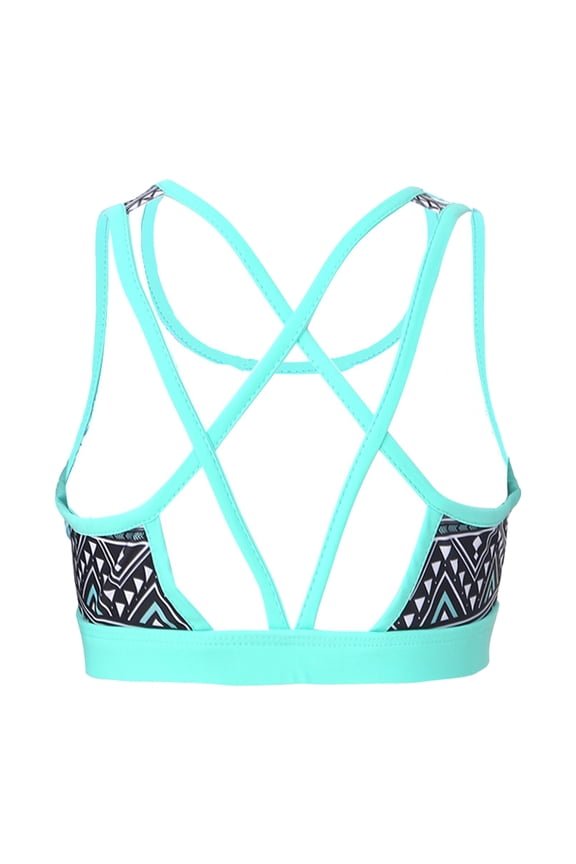 Kids Girls Floral Crisscross Back Bikini Crop Top Rash Guard Vest Swim Tank Gymnastics Dance Sports Bra Geometric Black 10