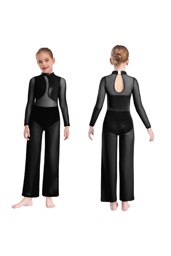 Kids Girls Full Body Dance Unitards Metallic Long Sleeve Mesh Splice Ballet Bodysuit Skating Jumpsuit Dancewear Black 6