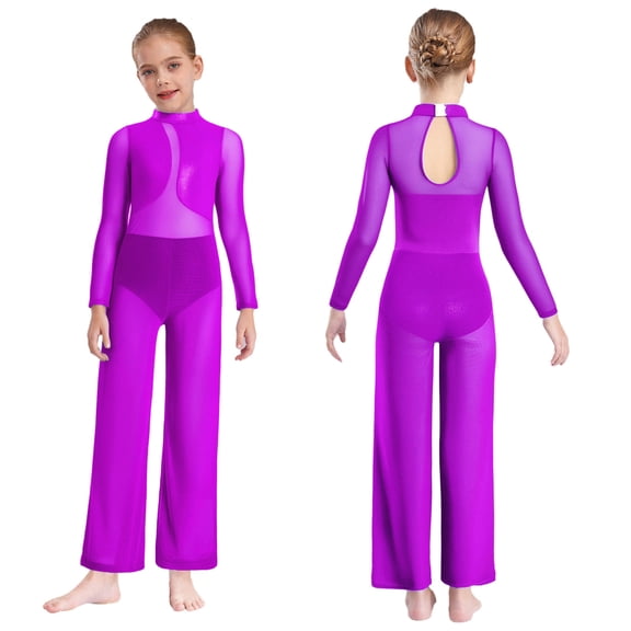 Doomiva Kids Girls Full Body Dance Unitards Metallic Long Sleeve Mesh Splice Ballet Bodysuit Skating Jumpsuit Dancewear Purple 10