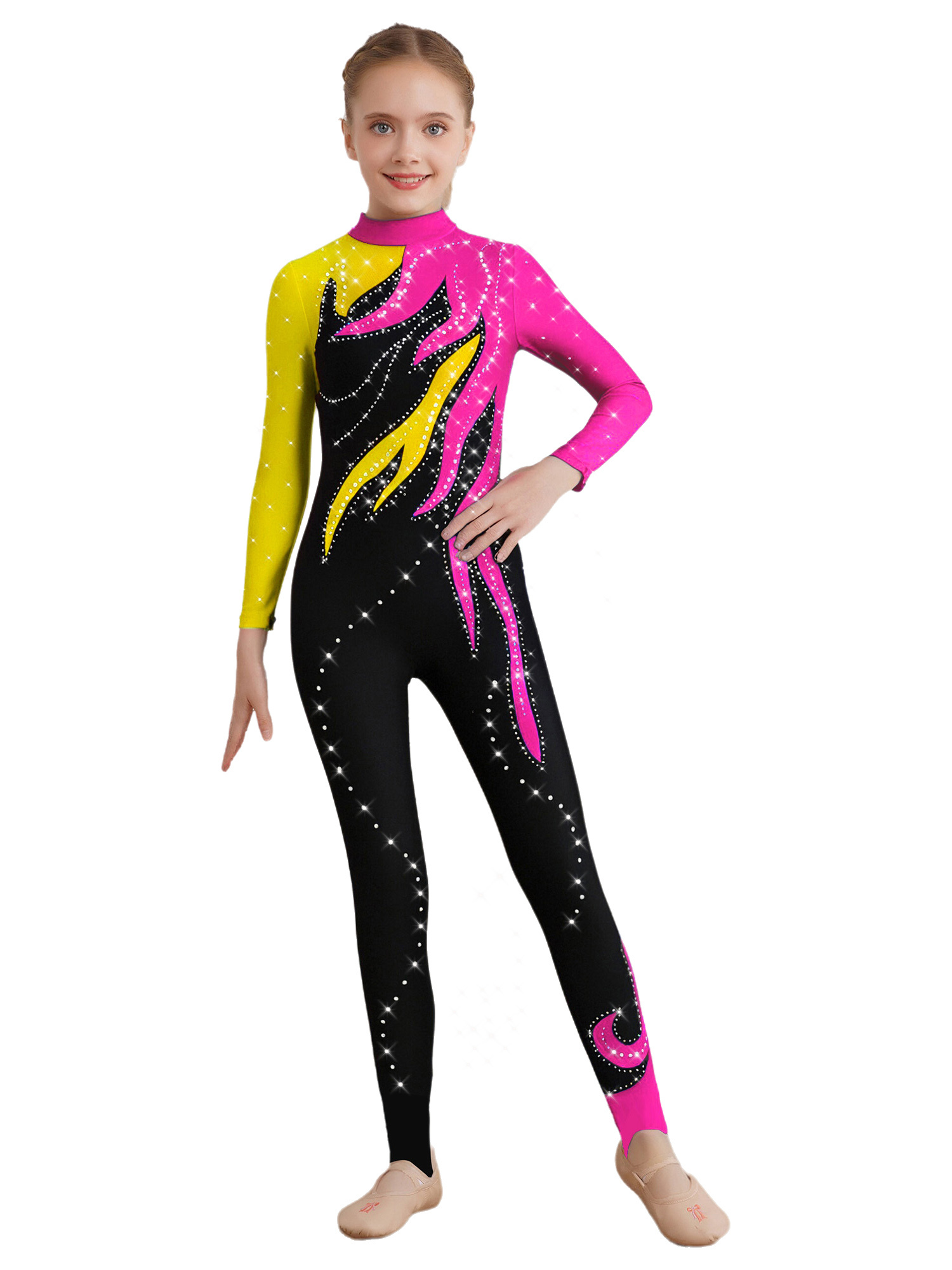 Doomiva Kids Girls Full Body Unitard Sparkle Rhinestones Gymnastics 