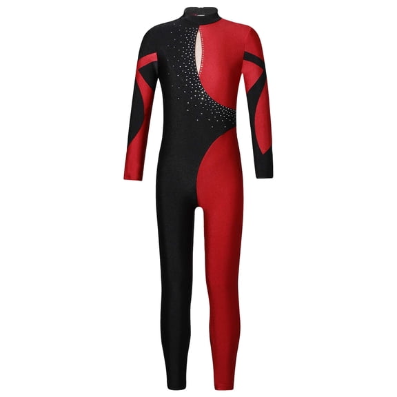 Doomiva Kids Girls Full Length Jumpsuit Gymnastics Leotard Unitard Rhinestone Long Sleeve Ballet Dance Bodysuit Burgundy 10