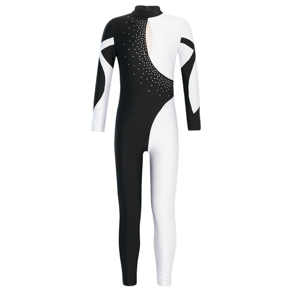 Doomiva Kids Girls Full Length Jumpsuit Gymnastics Leotard Unitard Rhinestone Long Sleeve Ballet Dance Bodysuit White 12