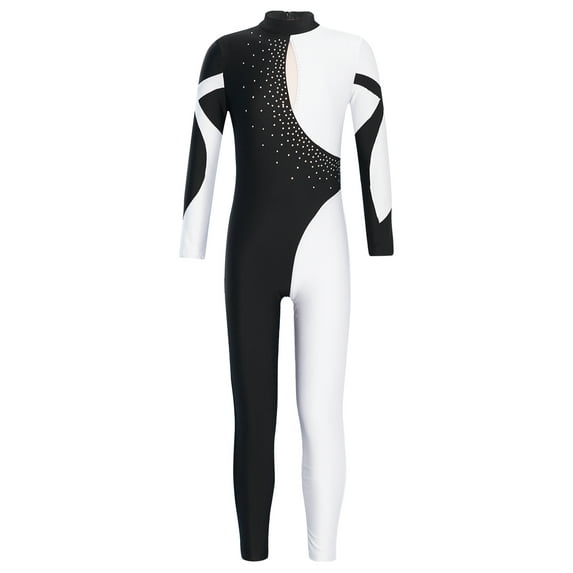 Doomiva Kids Girls Full Length Jumpsuit Gymnastics Leotard Unitard Rhinestone Long Sleeve Ballet Dance Bodysuit White 6