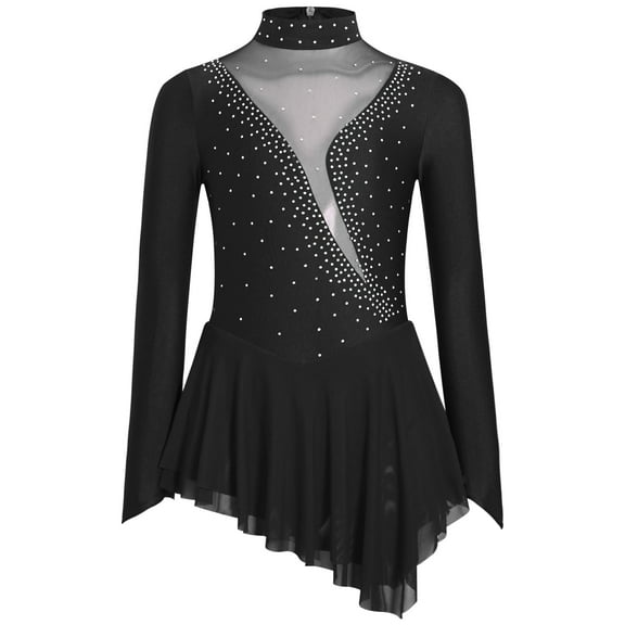 Doomiva Kids Girls Glittery Rhinestones Mesh Splice Figure Ice Skating Gymnastics Leotard Dress Ballet Dancewear Black 6