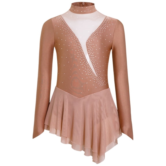 Doomiva Kids Girls Glittery Rhinestones Mesh Splice Figure Ice Skating Gymnastics Leotard Dress Ballet Dancewear Dusty Pink 16