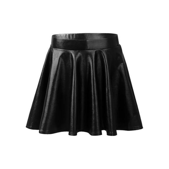 Doomiva Kids Girls Glossy Metallic Flared Pleated Skater Skirts Skort Dance Mini Skirt Black 8