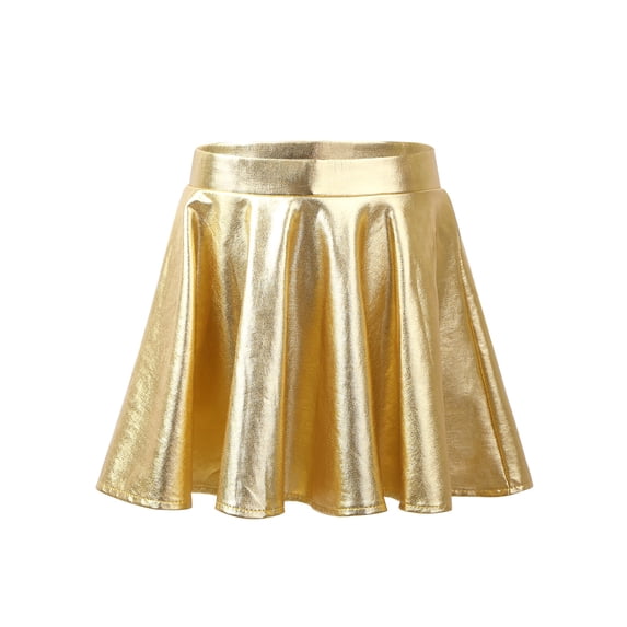 Doomiva Kids Girls Glossy Metallic Flared Pleated Skater Skirts Skort Dance Mini Skirt Gold 10