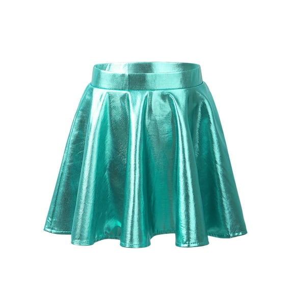 Doomiva Kids Girls Glossy Metallic Flared Pleated Skater Skirts Skort Dance Mini Skirt Lake Green 12