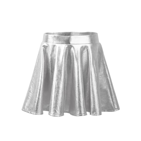 Doomiva Kids Girls Glossy Metallic Flared Pleated Skater Skirts Skort Dance Mini Skirt Silver 14