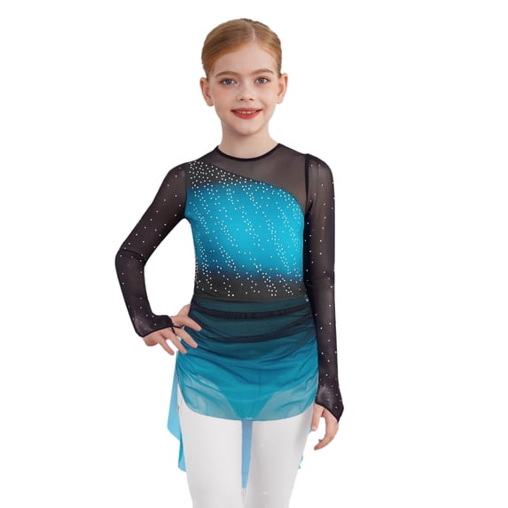 Doomiva Kids Girls Gradient Figure Skating Dress Shiny Rhinestone Mesh Long Sleeve Dance Competitions Training Outfit Blue Green 12
