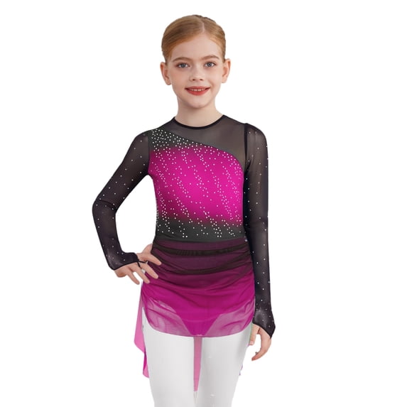 Doomiva Kids Girls Gradient Figure Skating Dress Shiny Rhinestone Mesh Long Sleeve Dance Competitions Training Outfit Hot Pink 8