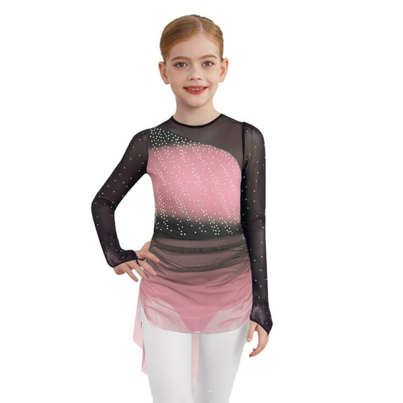 Doomiva Kids Girls Gradient Figure Skating Dress Shiny Rhinestone Mesh Long Sleeve Dance Competitions Training Outfit Pink 14