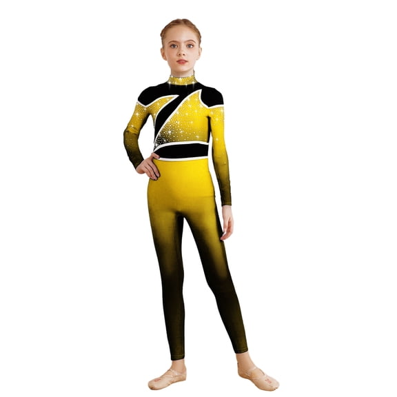 Doomiva Kids Girls Gradient Long Sleeve Sparkly Rhinestone Full Body Gymnastics Leotard Unitard Jumpsuit One Piece Bodysuit Yellow 10
