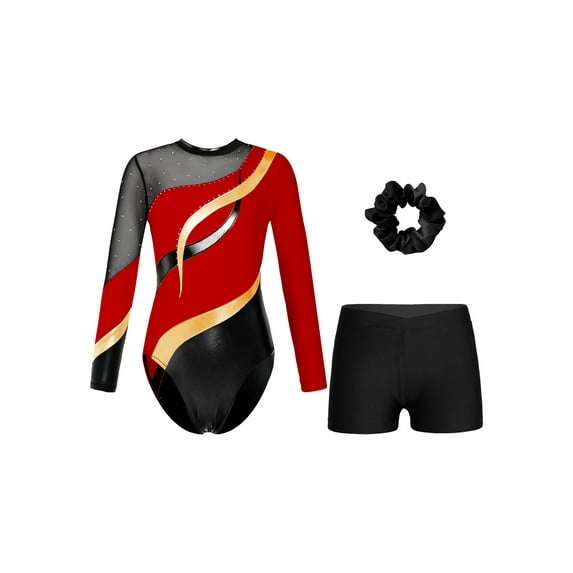 Doomiva Kids Girls Gymnastic Leotard Dance Biketard Unitard Bodysuit with Tumbling Athletic Shorts Scrunchies Set Red&Black 12