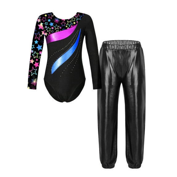 Doomiva Kids Girls Gymnastics Ballet Dance Leotard Bodysuit Unitard Jumpsuit with Jogger Pants Set Sport Tracksuit Star Black 12
