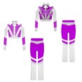 thumbnail image 1 of Doomiva Kids Girls Gymnastics Dance Outfits Long Sleeve Sparkly Color Block Cross-back Crop Top with Flared Pants Set Purple 16, 1 of 4