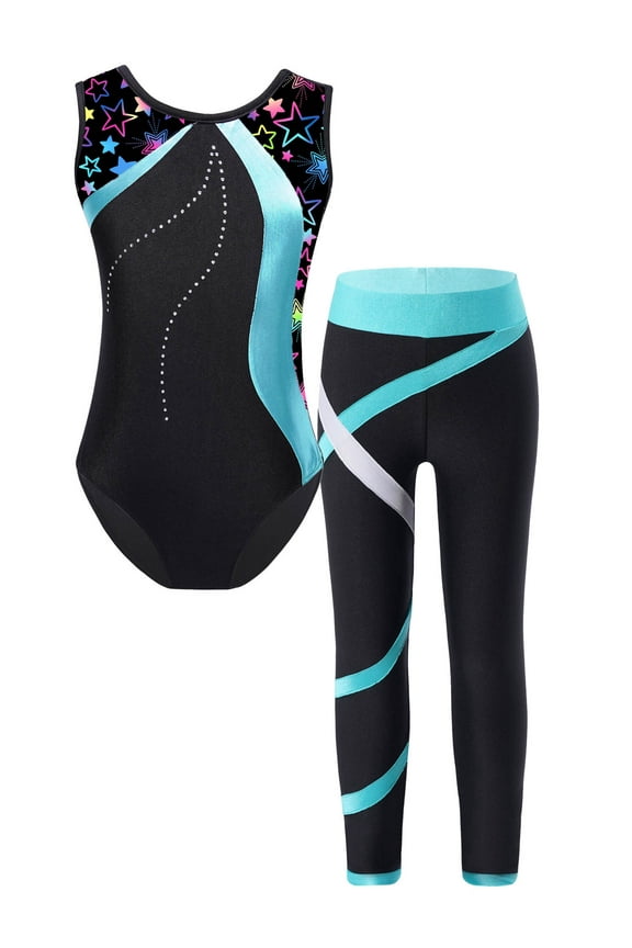 Kids Girls Gymnastics Dance Outfits Sleeveless Ballet Leotard with Athletic Leggings Green 14