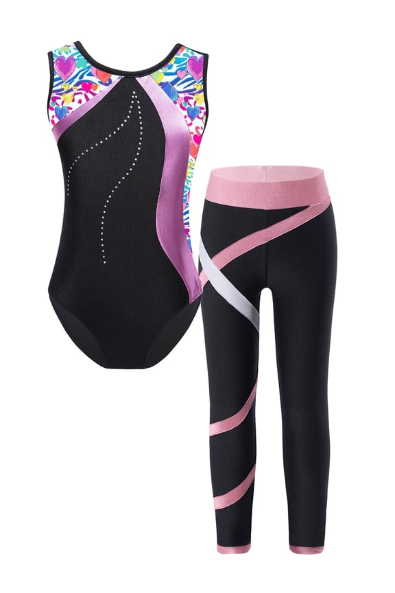 Kids Girls Gymnastics Dance Outfits Sleeveless Ballet Leotard with Athletic Leggings Pink Heart 14