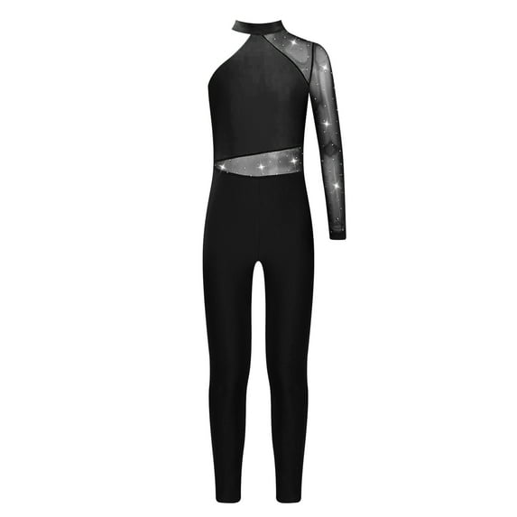 Doomiva Kids Girls Gymnastics Leotard One Shoulder Long Sleeve Shiny Rhinestone Figure Skating Dance Unitard Jumpsuit Black 10