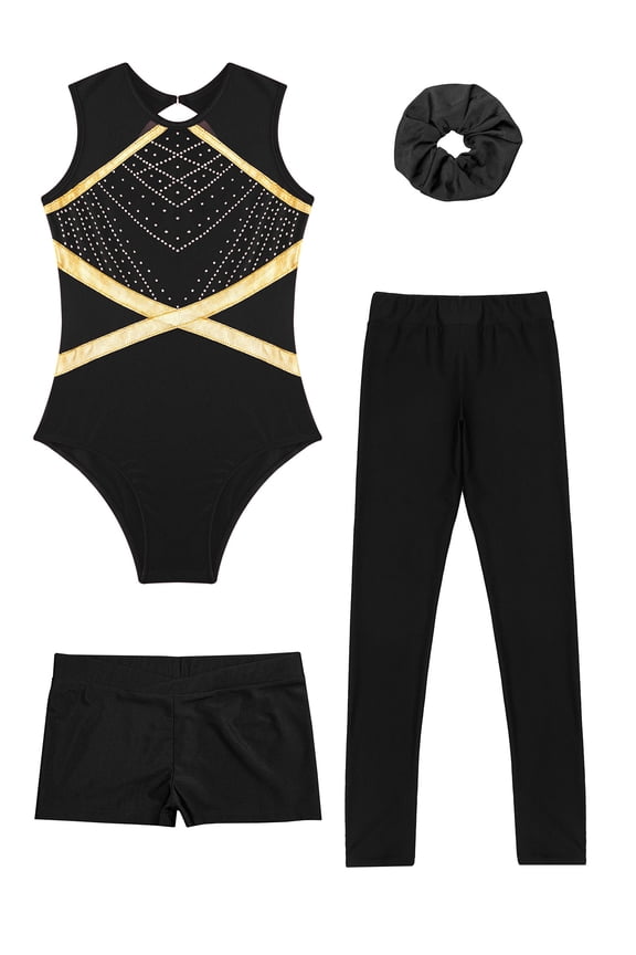 Kids Girls Gymnastics Outfit Sleeveless Ballet Dance Leotard with Tumbling Shorts Legging Hairband Set Black 6