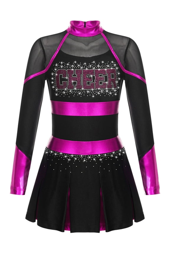 Kids Girls Halloween Party Cheer Leader Outfits Long Sleeve Cheerleading Dance Dress A Black&Hot Pink 12