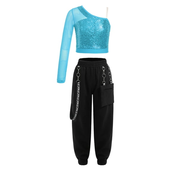 Doomiva Kids Girls Hip Hop Dance Outfits 2-Piece Shiny Sequins Crop Tops with Chain Pocket Jogger Pants Set Light Blue 6