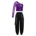 thumbnail image 1 of Doomiva Kids Girls Hip Hop Dance Outfits 2-Piece Shiny Sequins Crop Tops with Chain Pocket Jogger Pants Set Purple 16, 1 of 6