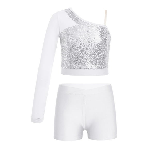 Doomiva Kids Girls Hip Hop Jazz Dance Outfits Sequins Mesh Long Sleeve One Shoulder Crop Top and Booty Shorts Set Silver 10