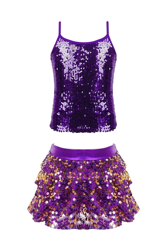 Kids Girls Jazz Hip Hop Dance Outfit Sequin Camisole Top with Skirt Set Performance Dancewear A Purple 10