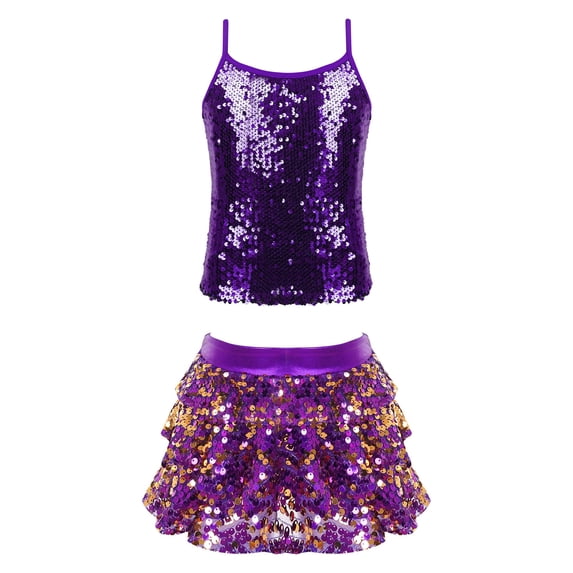 Doomiva Kids Girls Jazz Hip Hop Dance Outfit Sequin Camisole Top with Skirt Set Performance Dancewear A Purple 12