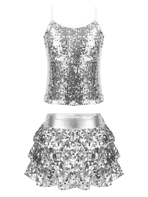 Kids Girls Jazz Hip Hop Dance Outfit Sequin Camisole Top with Skirt Set Performance Dancewear Silver 14
