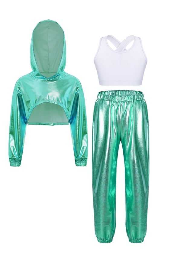 Kids Girls Jazz Hip Hop Dance Outfits Metallic Long Sleeve Hoodie Sport Bra Vest And Sweatpants Set Dancewear Light Green 6