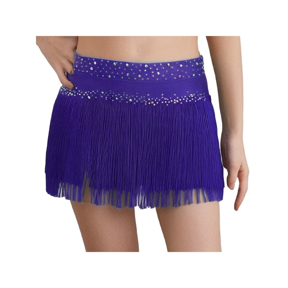Doomiva Kids Girls Latin Dance Skirt Sparkling Rhinestones Tassel Briefs Skirt Figure Skating Rumba Dancewear Purple 8
