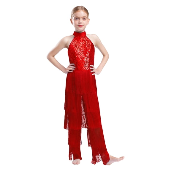 Doomiva Kids Girls Latin Dance Tassel Pants Jumpsuit Sleeveless Sequin Fringe Salsa Jazz Ballroom Dance Outfit Red 10