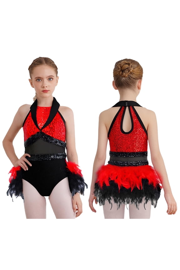 Kids Girls Latin Jazz Tulle Skirted Bodysuit Sequin Ballroom Dancewear Feather Ballet Dance Leotard Red 12