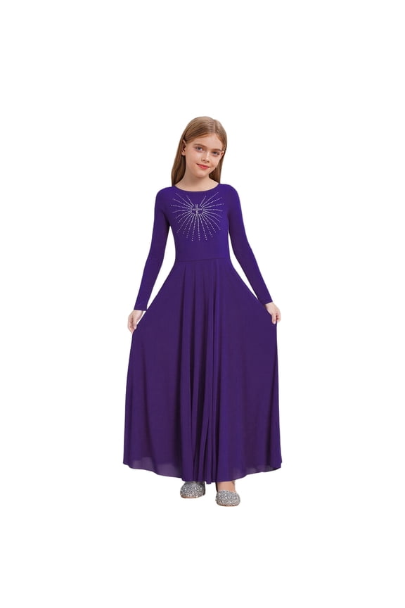 Kids Girls Liturgical Praise Dance Dress Worship Cos tume Full Length Wide Swing Skirt for Choir Performance Purple 8