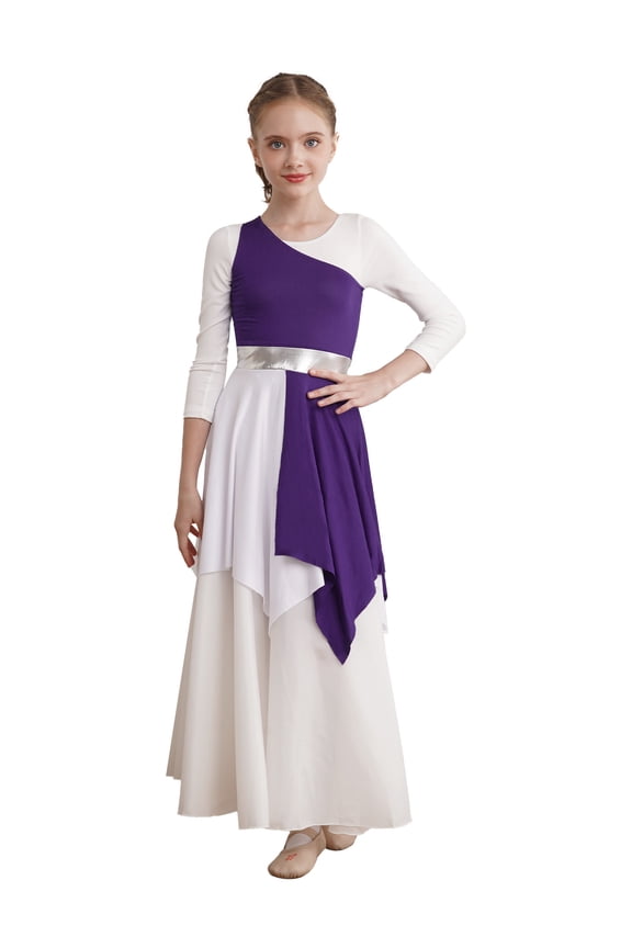 Kids Girls Liturgical Worship Praise Dance Dress Asymmetrical Church Robe Tunic Purple 16