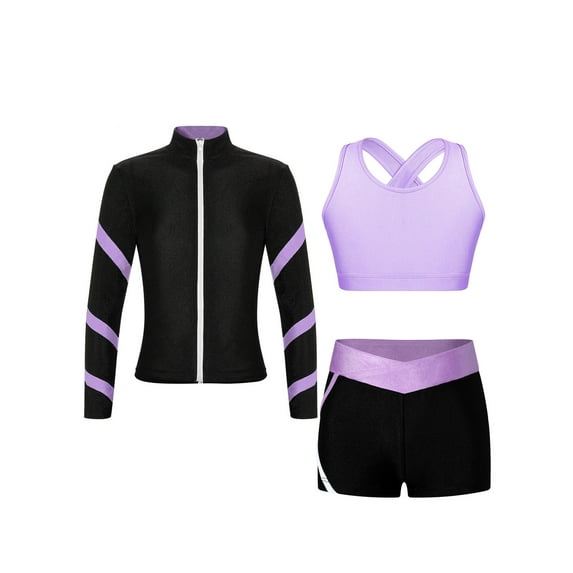 Doomiva Kids Girls Long Sleeve Contrast Color Stripe Zipper Sweatshirt Vest and V-front Shorts Set Lavender 6