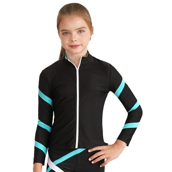 Doomiva Kids Girls Long Sleeve Contrast Color Stripe Zipper Yoga Workout Running Sports Top Blue Green 10
