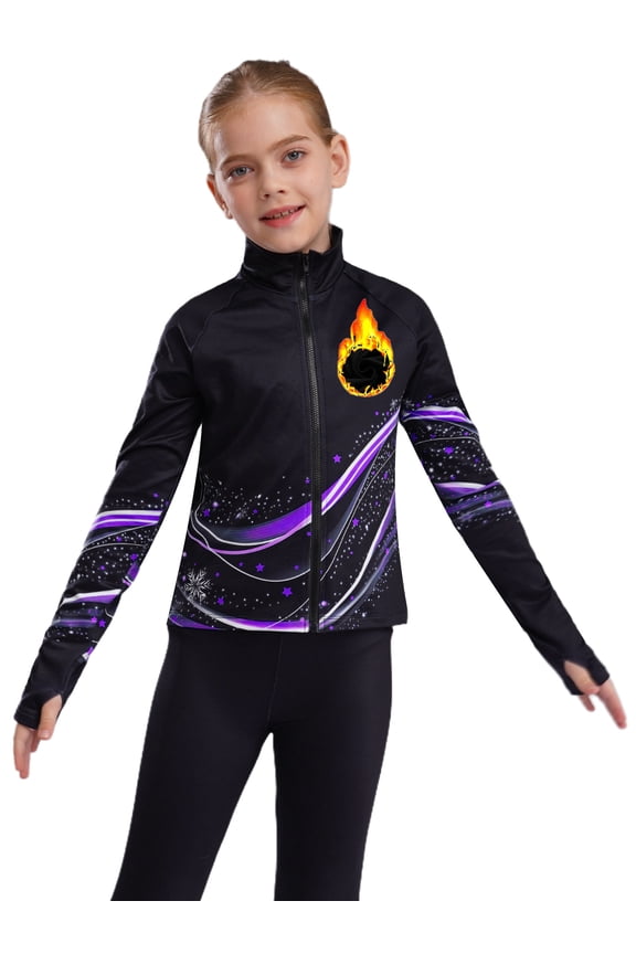 Kids Girls Long Sleeve Figure Skating Jacket Stand Collar Stylish Printed Zipper Sweatshirt Purple 10