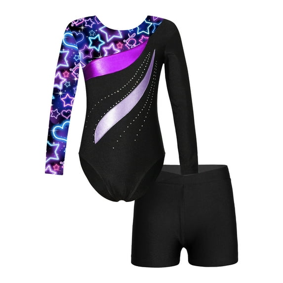 Doomiva Kids Girls Long Sleeve Gymnastics Leotard Bodysuit with Shorts Set Tumbling Dance Outfits Tracksuit Starry Black 8