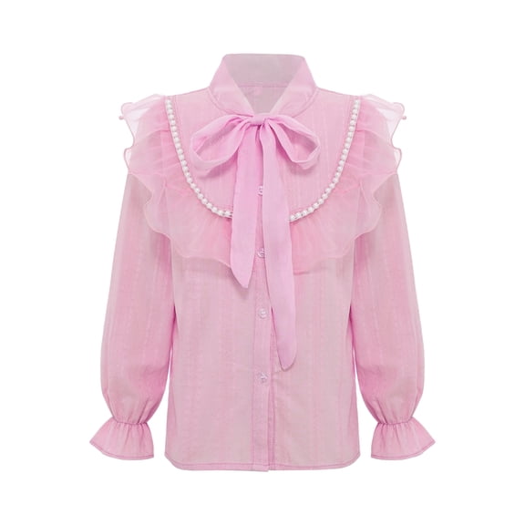 Doomiva Kids Girls Long Sleeve Princess Party Blouses Kids Elegant Ruffled Button Down Shirts School Uniform Tops Pink 150