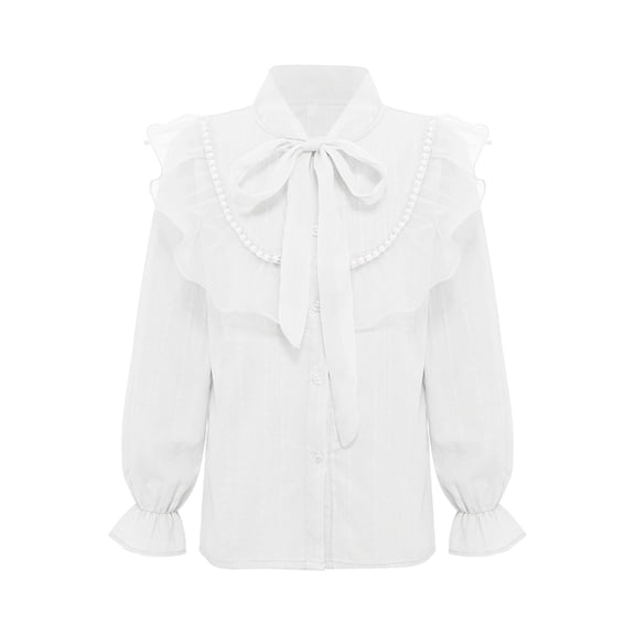 Doomiva Kids Girls Long Sleeve Princess Party Blouses Kids Elegant Ruffled Button Down Shirts School Uniform Tops White 120