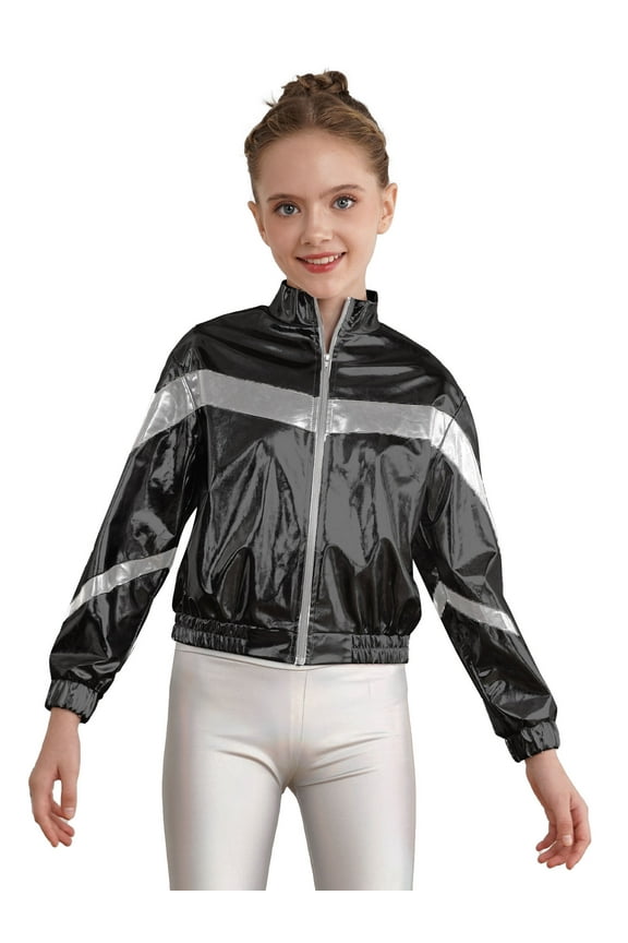 Kids Girls Long Sleeve Sequins Bomber Jacket Coat Hip Hop Jazz Street Dance Tops Outerwear Black 16