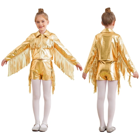 Doomiva Kids Girls Long Sleeve Shiny Fringe Crop Jacket Top and Metallic Tassel Shorts Sparkly Dance Streetwear Gold 14