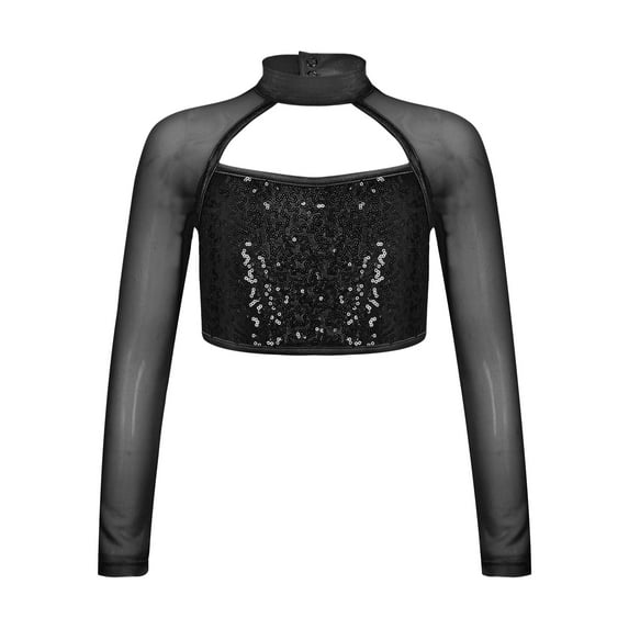 Doomiva Kids Girls Long Sleeve Shiny Hip Hop Jazz Latin Dance Crop Top Yoga Training Sport T-Shirt Black 16