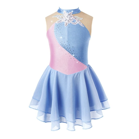 Doomiva Kids Girls Lyrical Ballet Dance Dress Sleeveless Rhinestone Figure Ice Skating Leotard Dress Dancewear Grey Blue 6