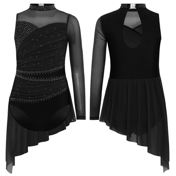 Doomiva Kids Girls Lyrical Dance Dress Asymmetric High-Low Mesh Skirted Leotard Rhinestone Figure Ice Skating Dress Black 8